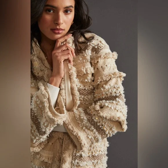 Anthropologie Dolan Cream Textured metallic fringed Jacket, sz L, - Picture 4 of 12